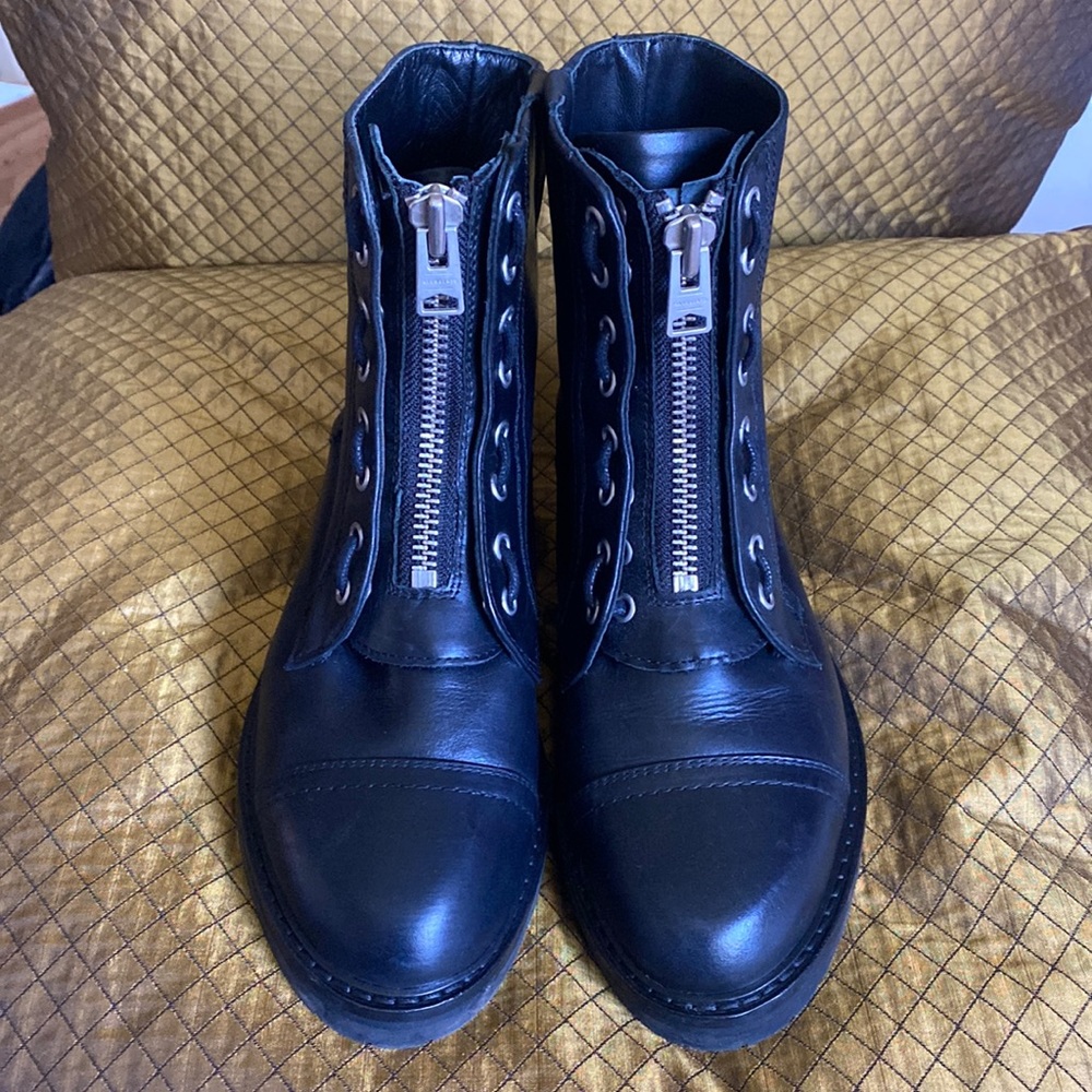 All Saints Black Leather Combat Boots with Silver Zippers